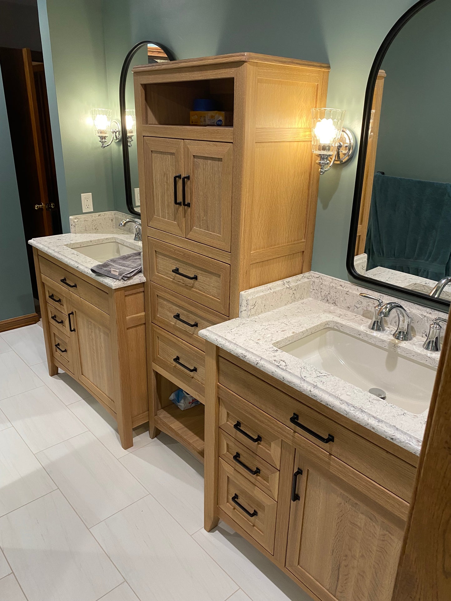Rift Sawn White Oak Bathroom Vanity Base Set and Center Linen Tower - Custom Made to Your Bathroom