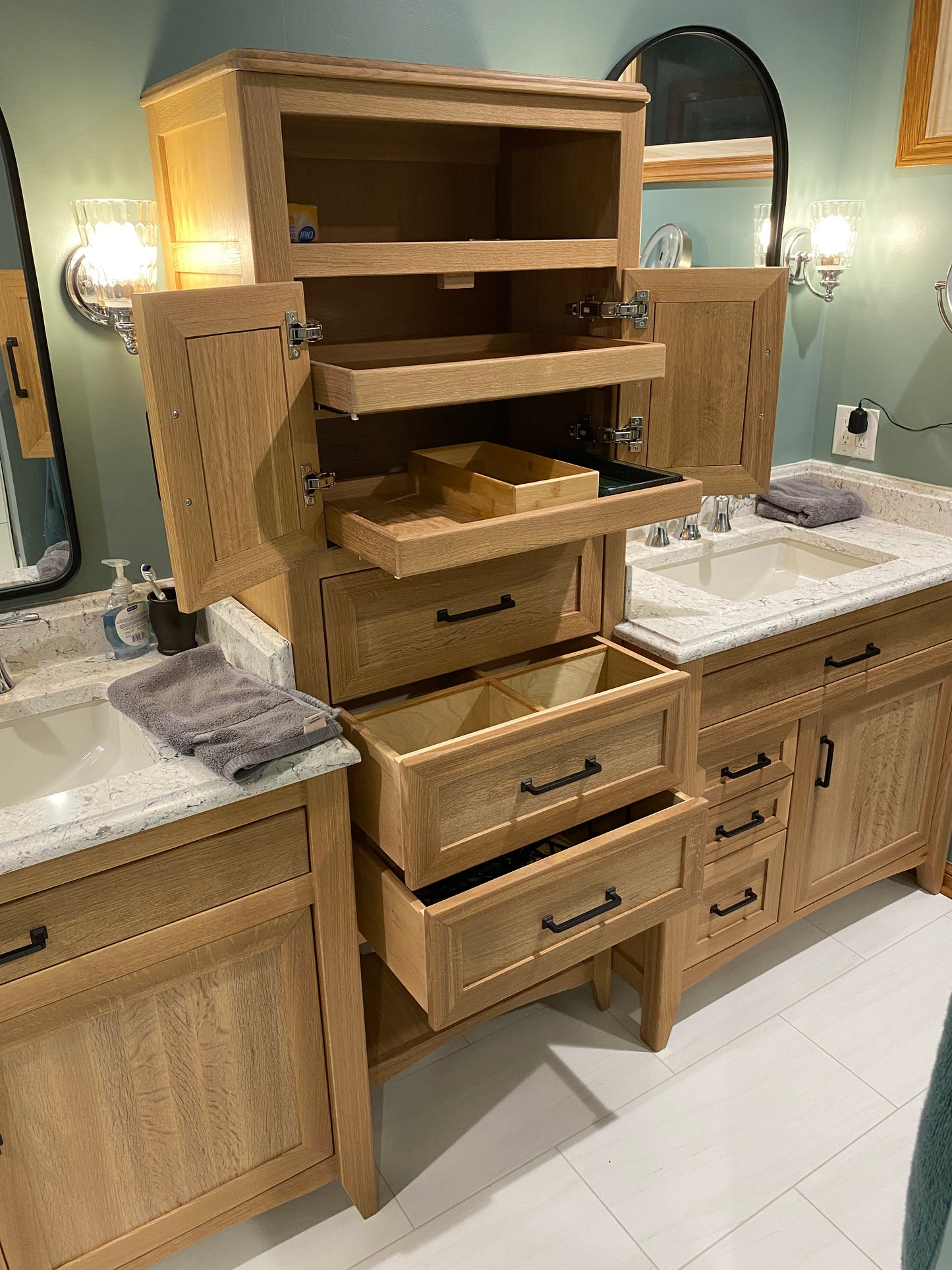 Rift Sawn White Oak Bathroom Vanity Base Set and Center Linen Tower - Custom Made to Your Bathroom