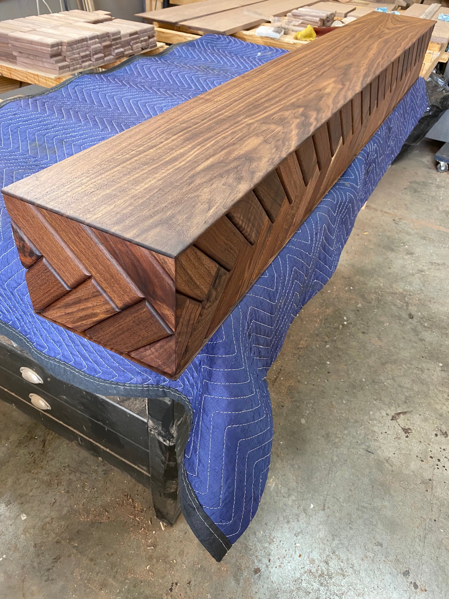 Modern Walnut Fireplace Mantel Shelf with Herringbone Pattern | Mid Century Modern Fireplace Mantle Shelf | Handmade Wood Mantel