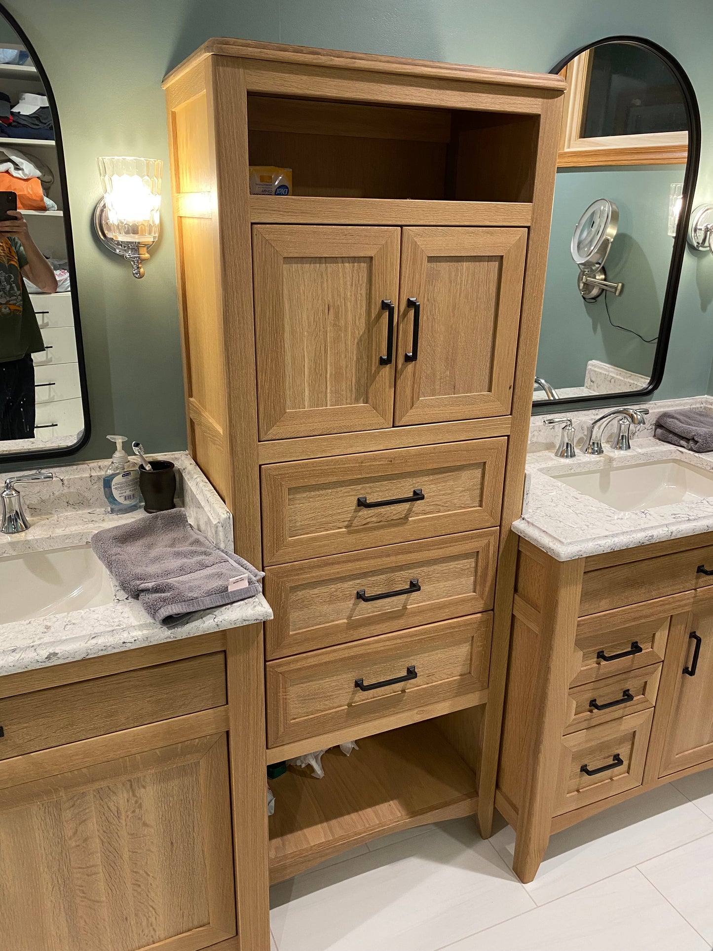 Rift Sawn White Oak Bathroom Vanity Base Set and Center Linen Tower - Custom Made to Your Bathroom