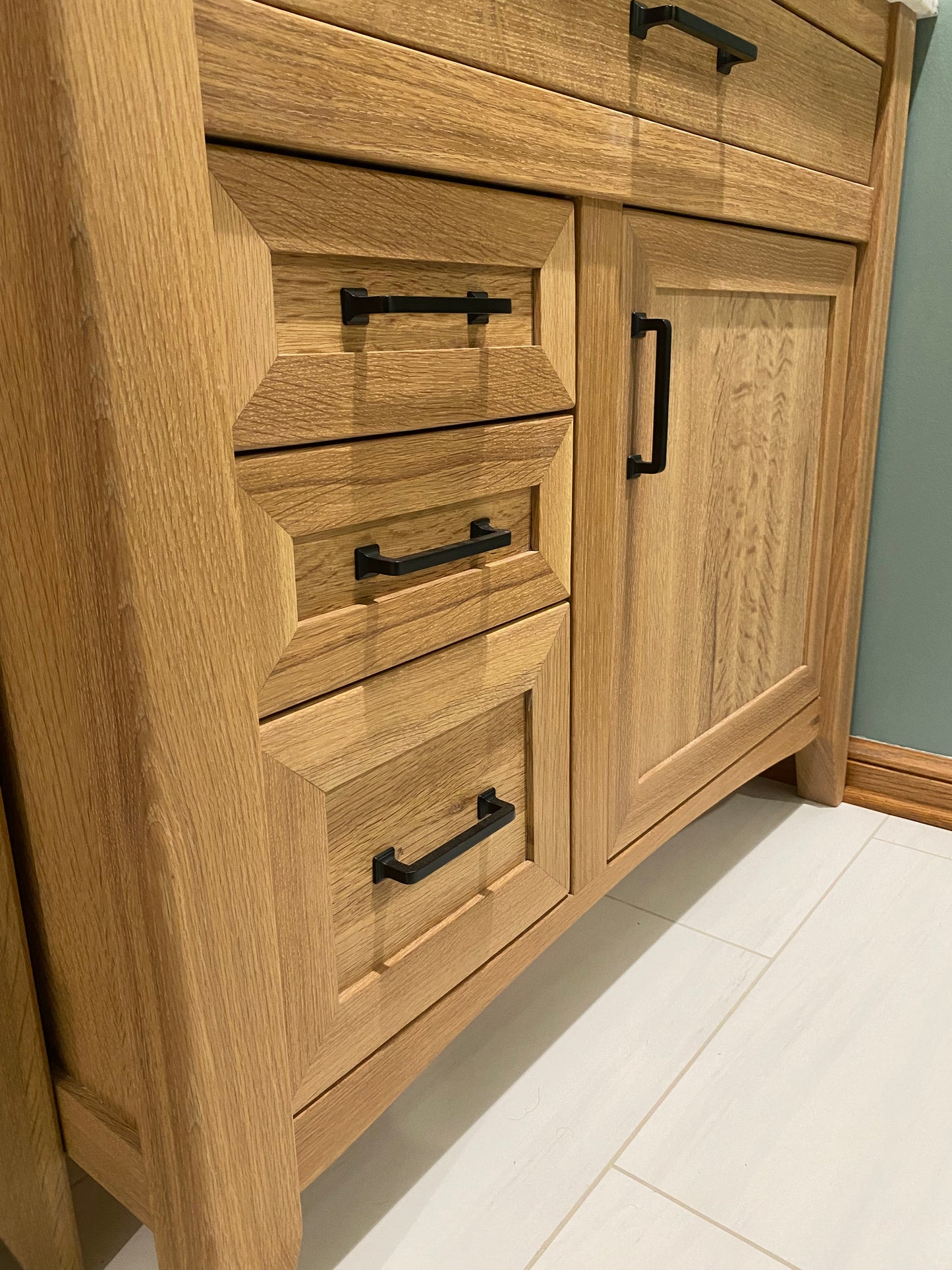 Rift Sawn White Oak Bathroom Vanity Base Set and Center Linen Tower - Custom Made to Your Bathroom