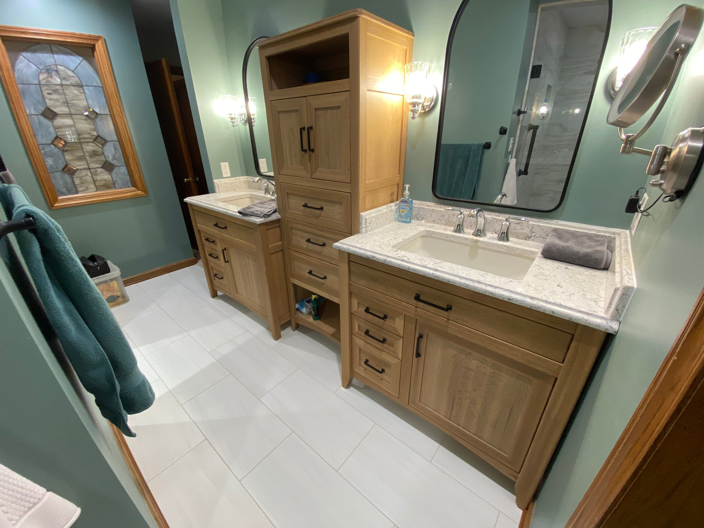 Rift Sawn White Oak Bathroom Vanity Base Set and Center Linen Tower - Custom Made to Your Bathroom