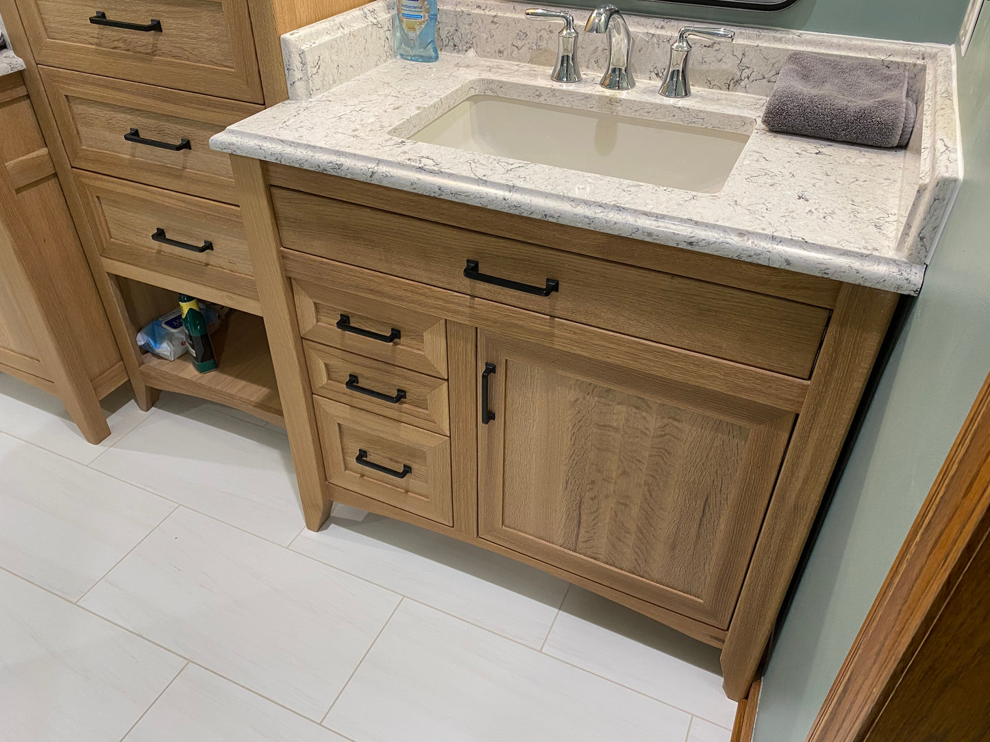 Rift Sawn White Oak Bathroom Vanity Base Set and Center Linen Tower - Custom Made to Your Bathroom