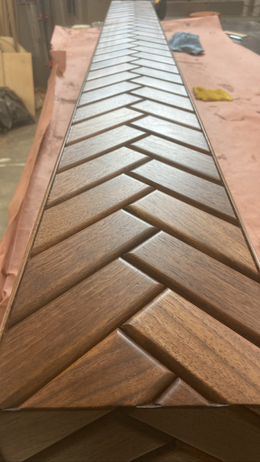 Modern Walnut Fireplace Mantel Shelf with Herringbone Pattern | Mid Century Modern Fireplace Mantle Shelf | Handmade Wood Mantel