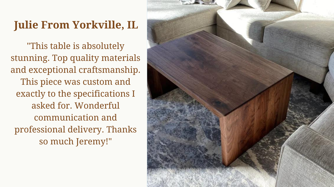 custom furniture yorkville illinois, custom waterfall coffee table, walnut waterfall coffee table, designer wood coffee table, 2 inch thick waterfall coffee table