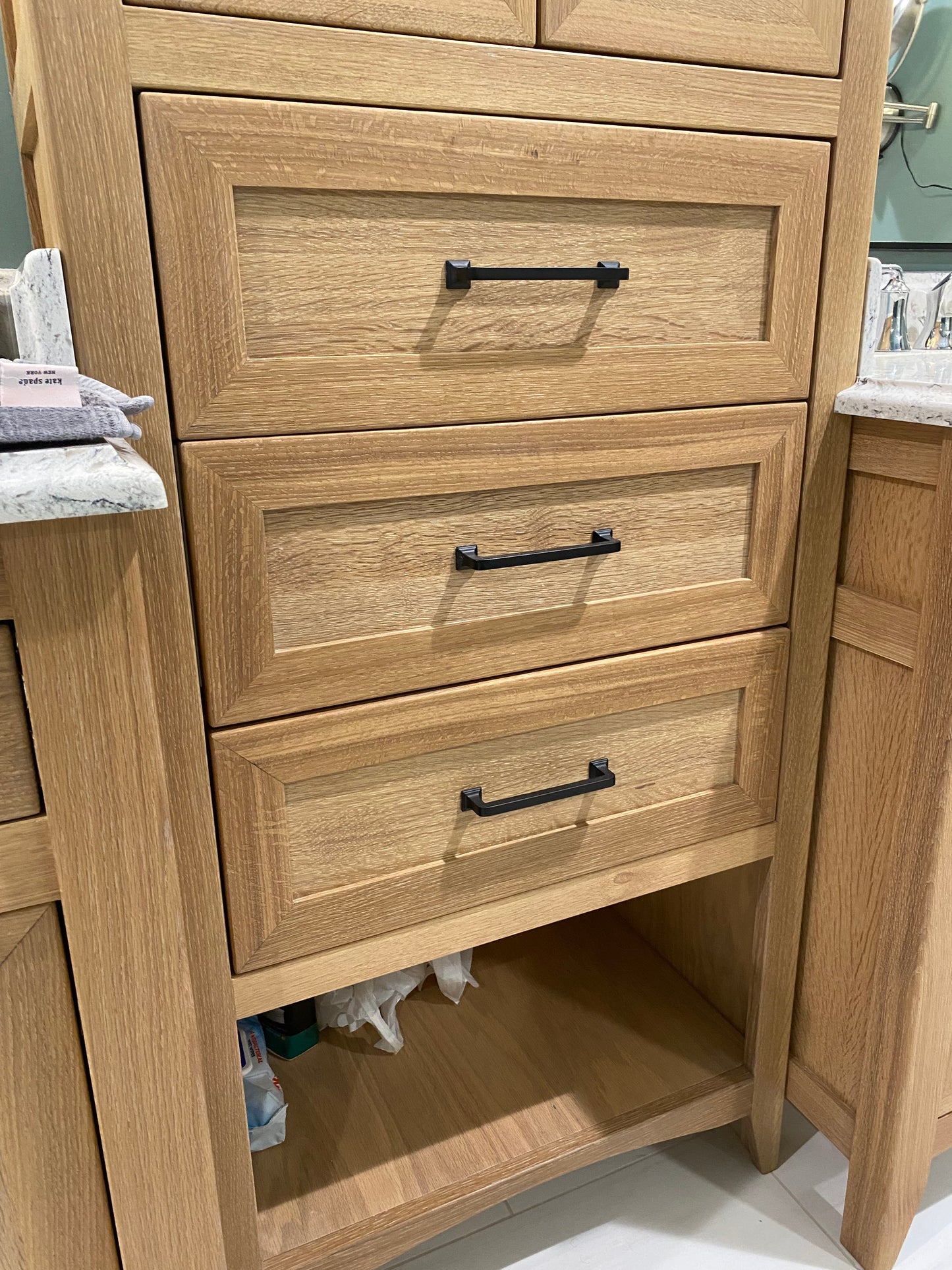 Rift Sawn White Oak Bathroom Vanity Base Set and Center Linen Tower - Custom Made to Your Bathroom