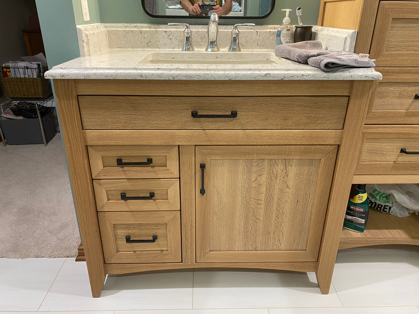 Rift Sawn White Oak Bathroom Vanity Base Set and Center Linen Tower - Custom Made to Your Bathroom