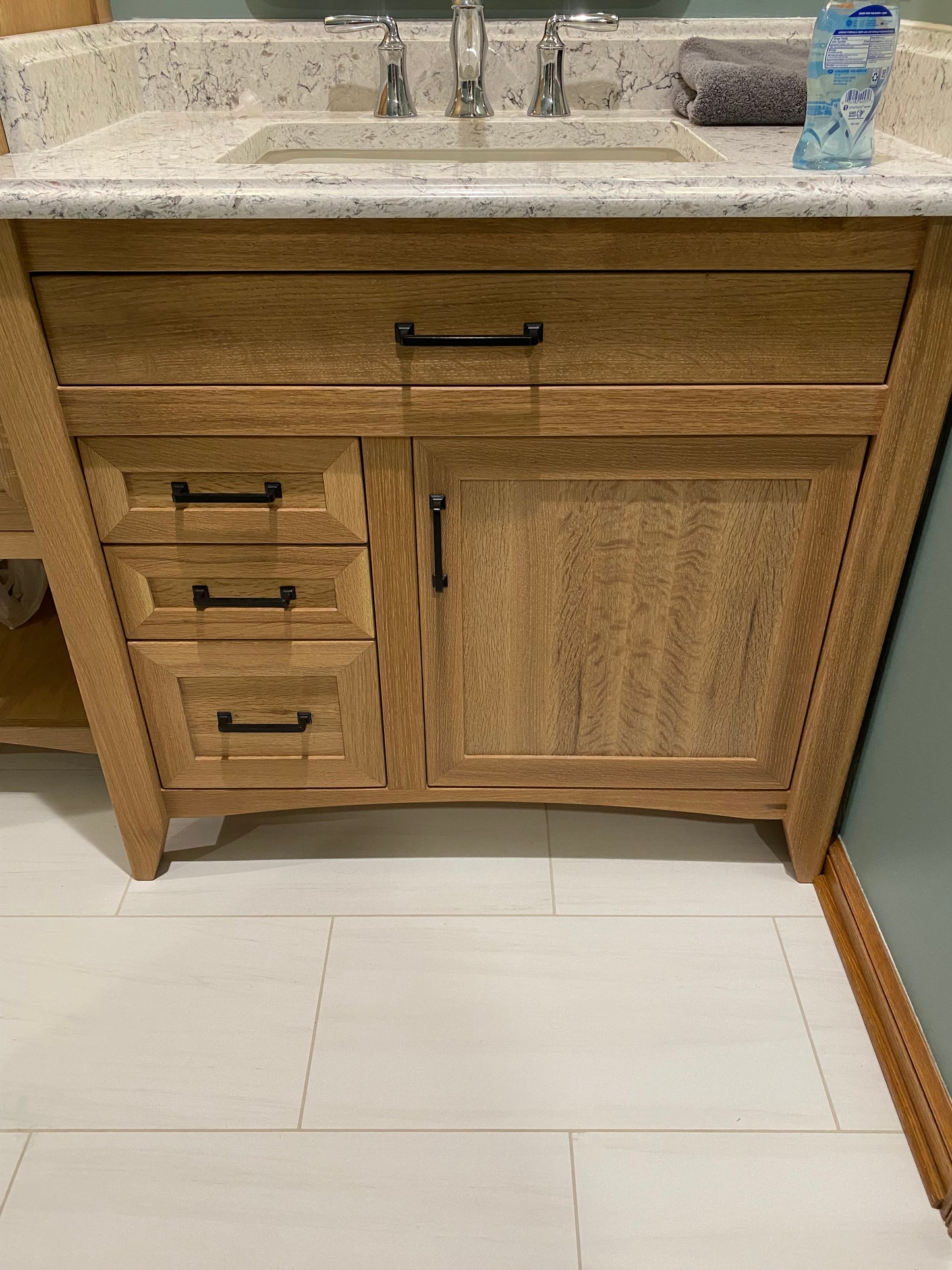 Rift Sawn White Oak Bathroom Vanity Base Set and Center Linen Tower - Custom Made to Your Bathroom