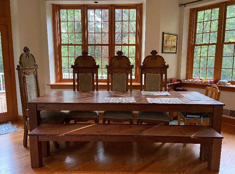 Walnut Herringbone Dining Room Table with Parsons Style Base