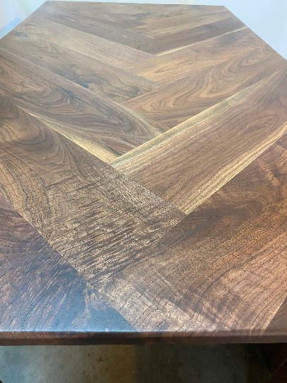 Walnut Craftsman Trestle Dining Table - Stunning Herringbone Table Top
