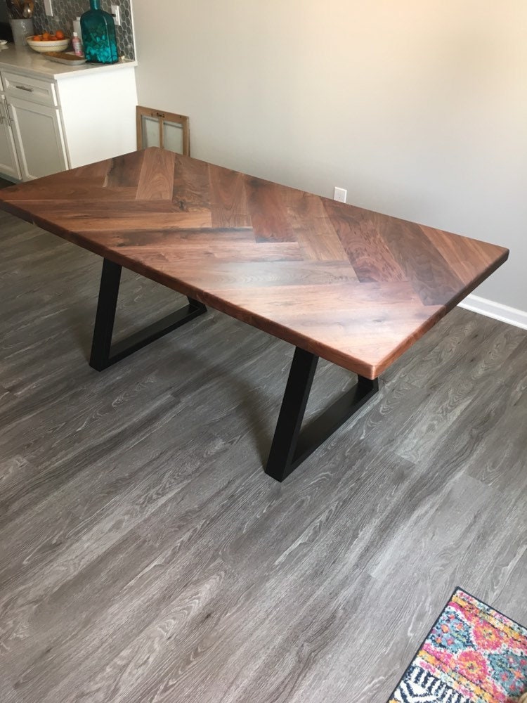 Handmade Walnut Dining Table with Metal Legs & Solid Walnut Herringbone Table Top