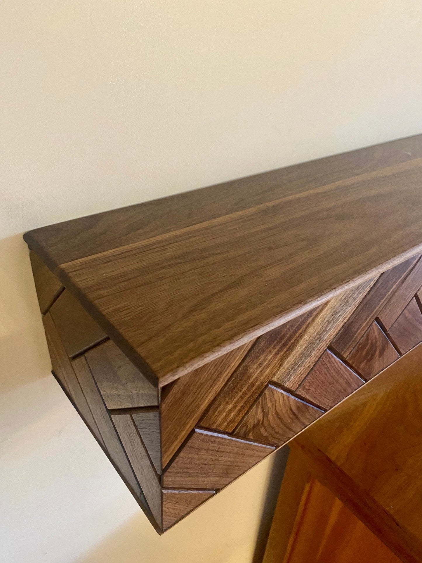 Modern Walnut Fireplace Mantel Shelf with Herringbone Pattern | Mid Century Modern Fireplace Mantle Shelf | Handmade Wood Mantel