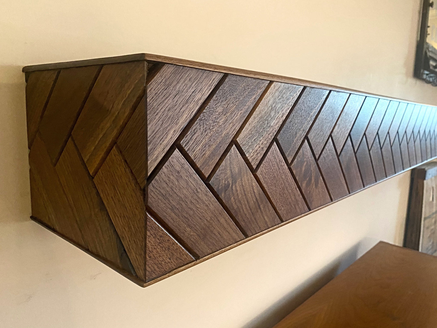 unique fireplace mantle, walnut fireplace mantle mantel, handmade furniture columbus ohio, herringbone mantle shelf, unique floating shelving, walnut floating shelf