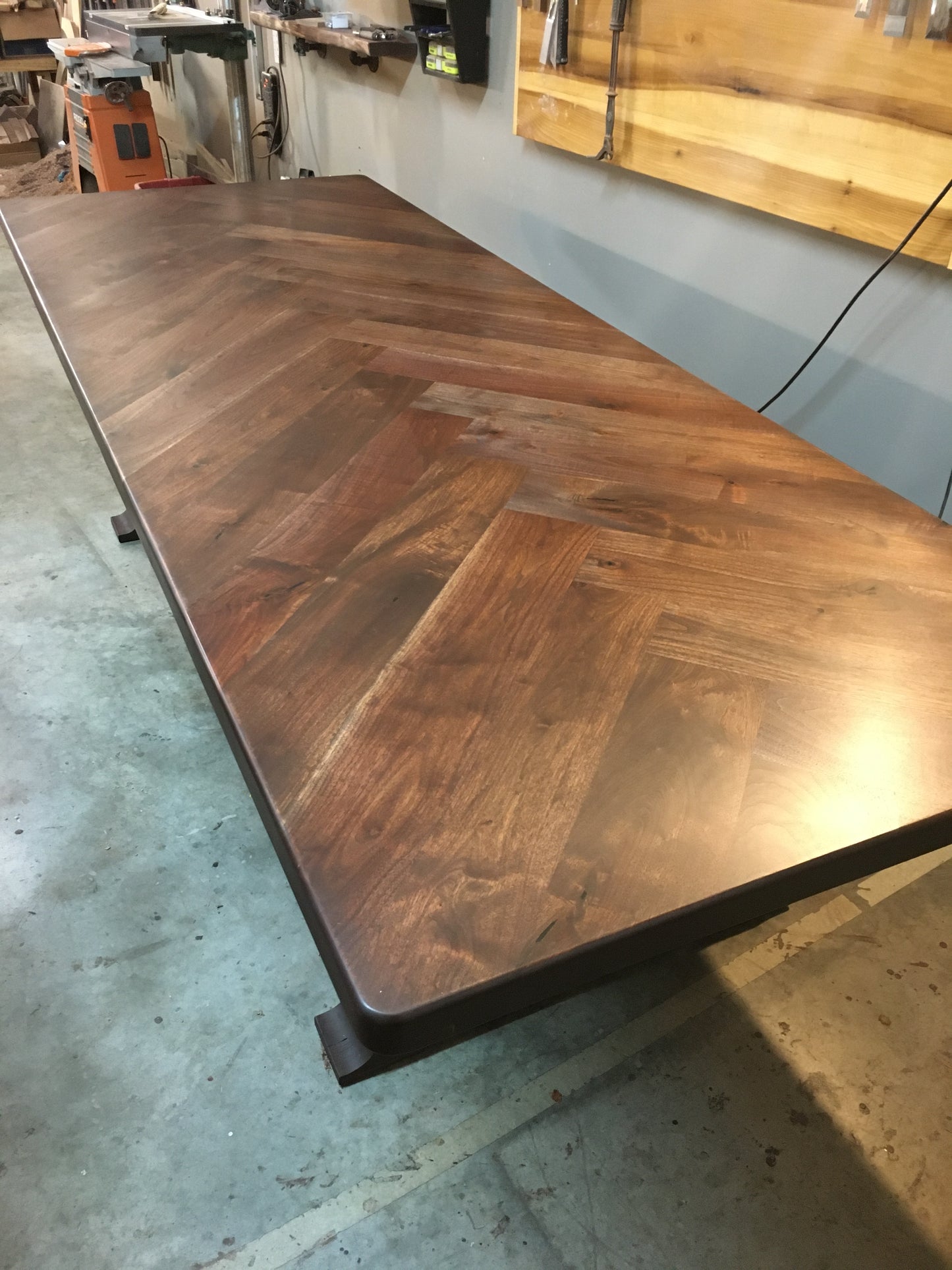 Handmade Walnut Dining Table with Metal Legs & Solid Walnut Herringbone Table Top