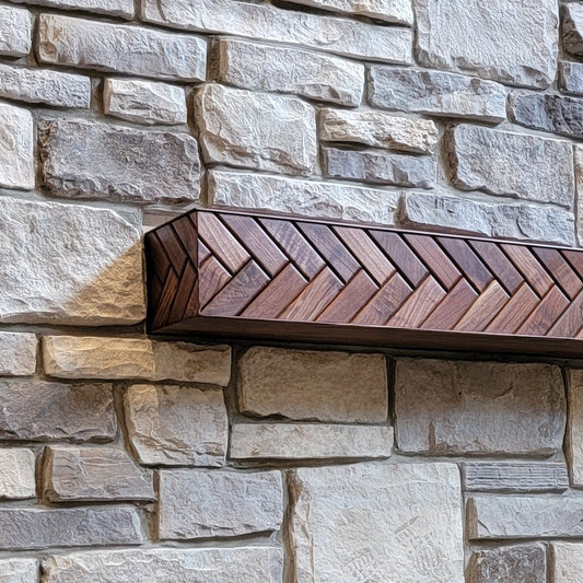 walnut mantle with herringbone pattern, handmade wood mantle, mantel, unique, one of a kind, mid century fireplace mantle, mid century modern mantle, craftsman, maker, artisan wood working, fine wood working, original wood mantle