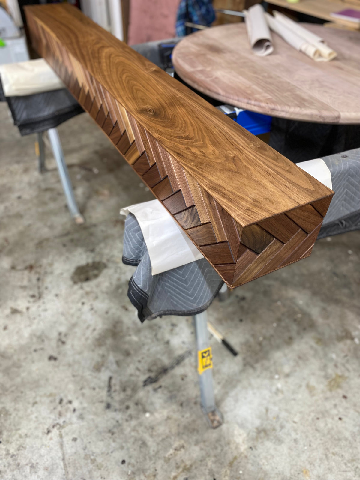 Modern Walnut Fireplace Mantel Shelf with Herringbone Pattern | Mid Century Modern Fireplace Mantle Shelf | Handmade Wood Mantel
