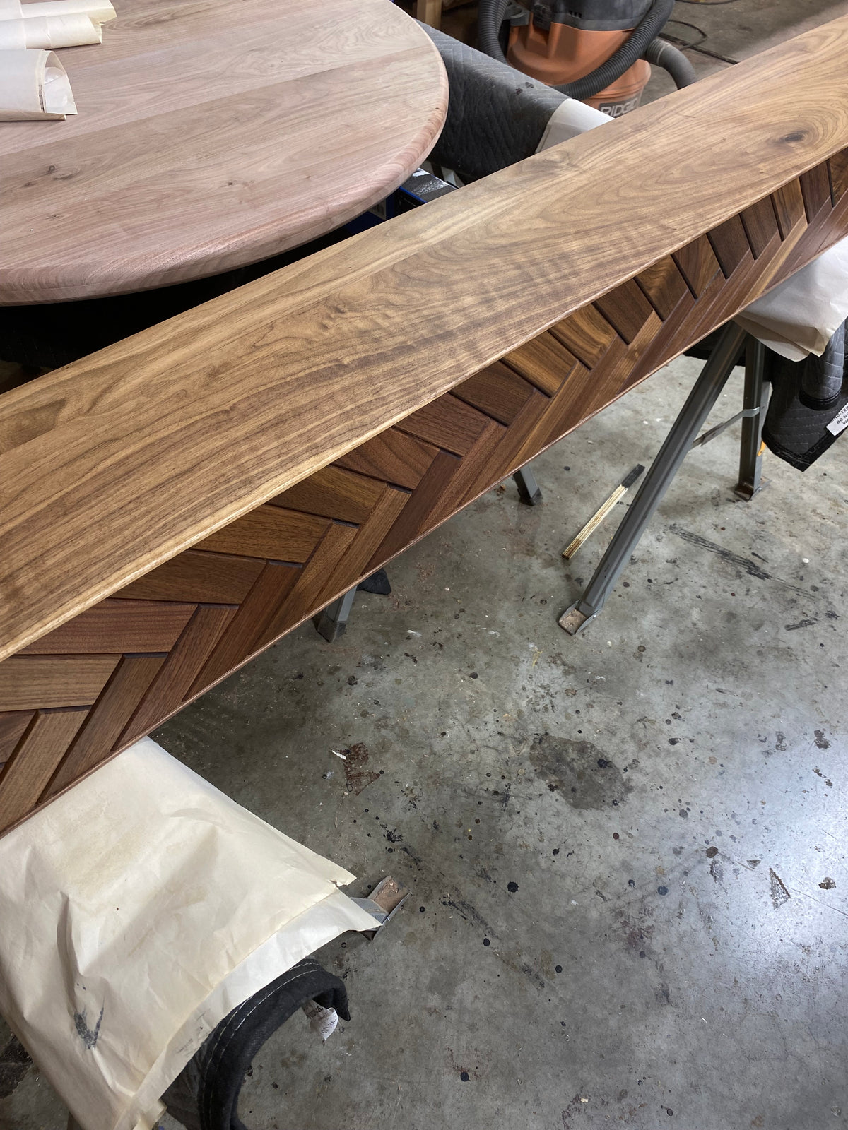 Modern Walnut Fireplace Mantel Shelf with Herringbone Pattern | Mid Century Modern Fireplace Mantle Shelf | Handmade Wood Mantel