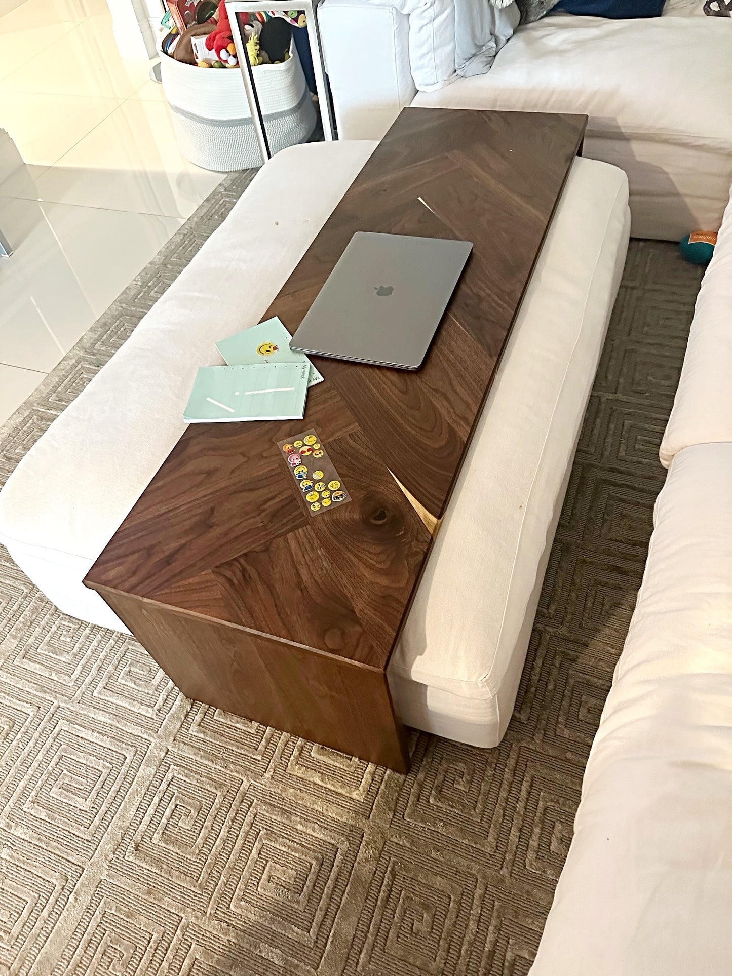 Custom Ottoman Coffee Table with Herringbone Pattern in Solid Walnut