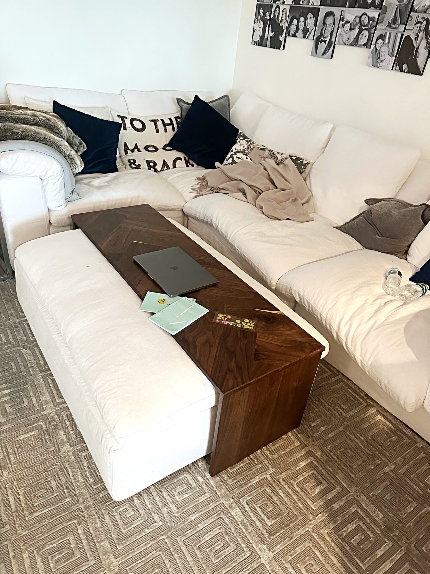 Custom Ottoman Coffee Table with Herringbone Pattern in Solid Walnut