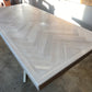 Whitewash Artisan Dining Table - Herringbone Design With Modern Metal Pedestal Base