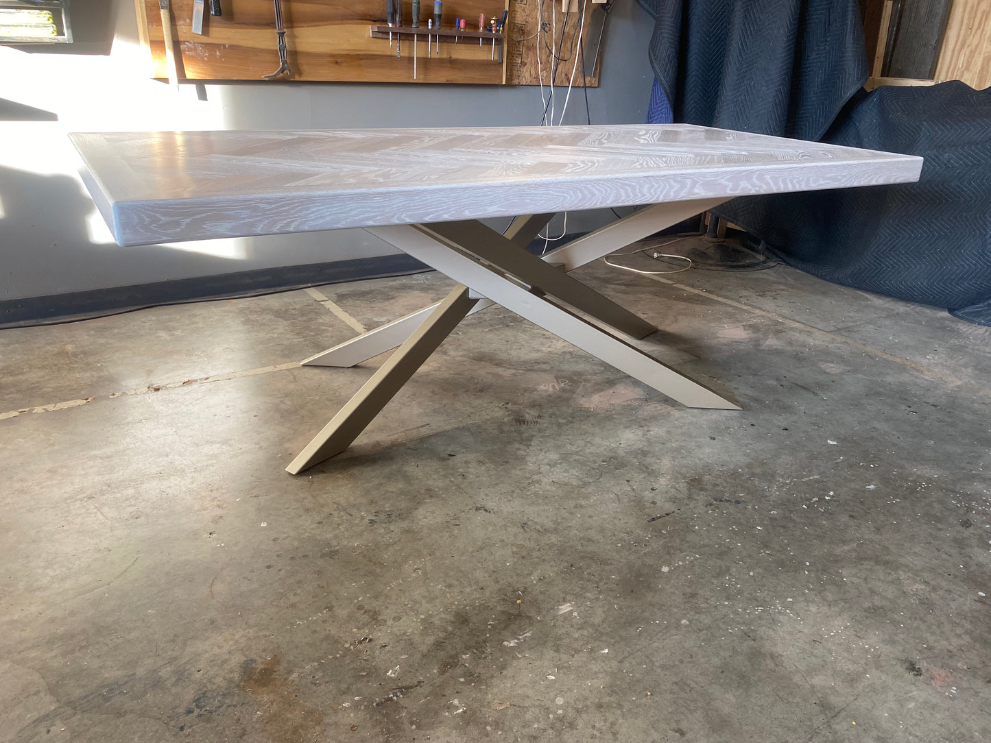 Handmade Walnut Dining Table with Metal Legs & Solid Walnut Herringbone Table Top