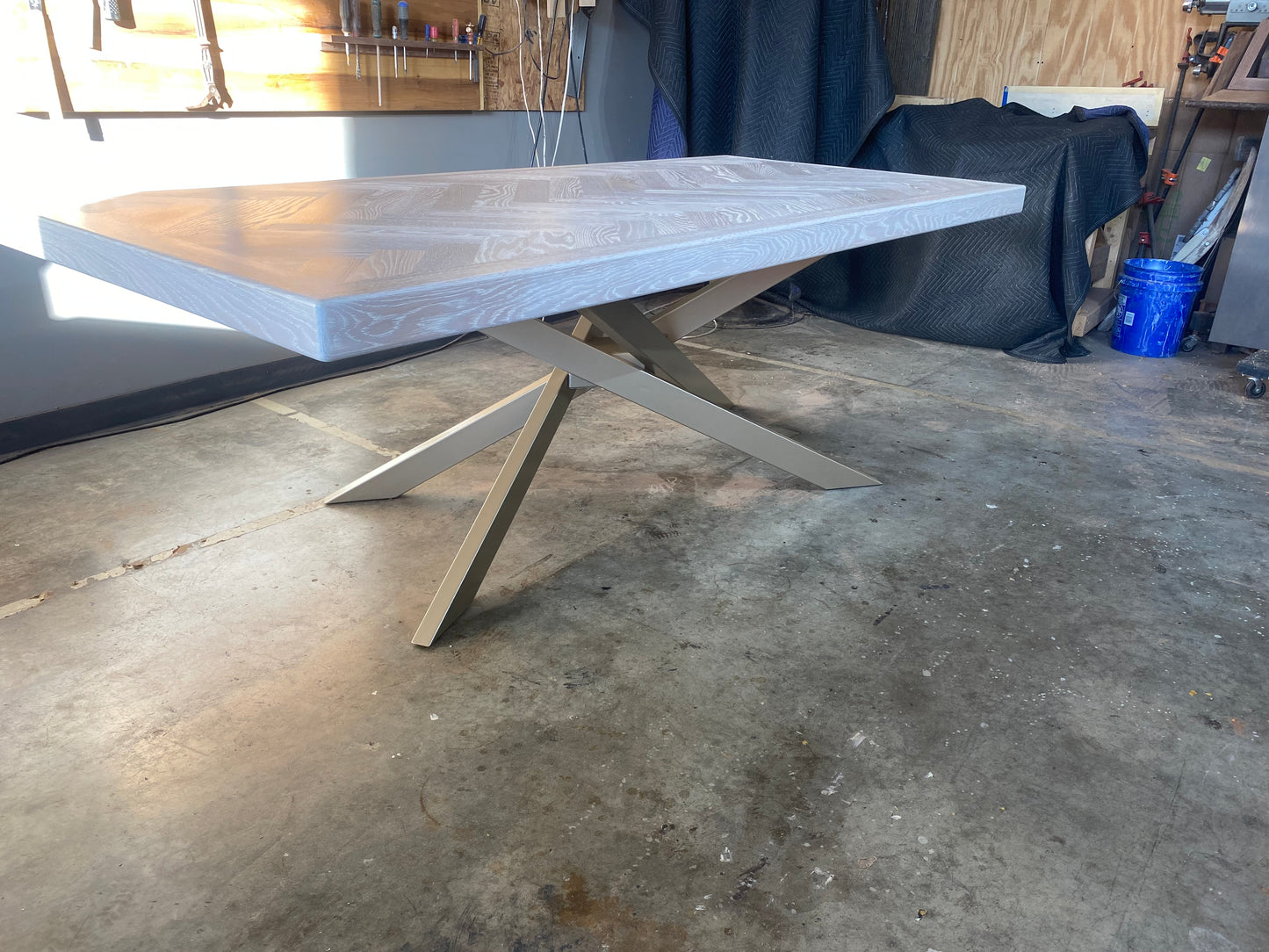 Whitewash Artisan Dining Table - Herringbone Design With Modern Metal Pedestal Base