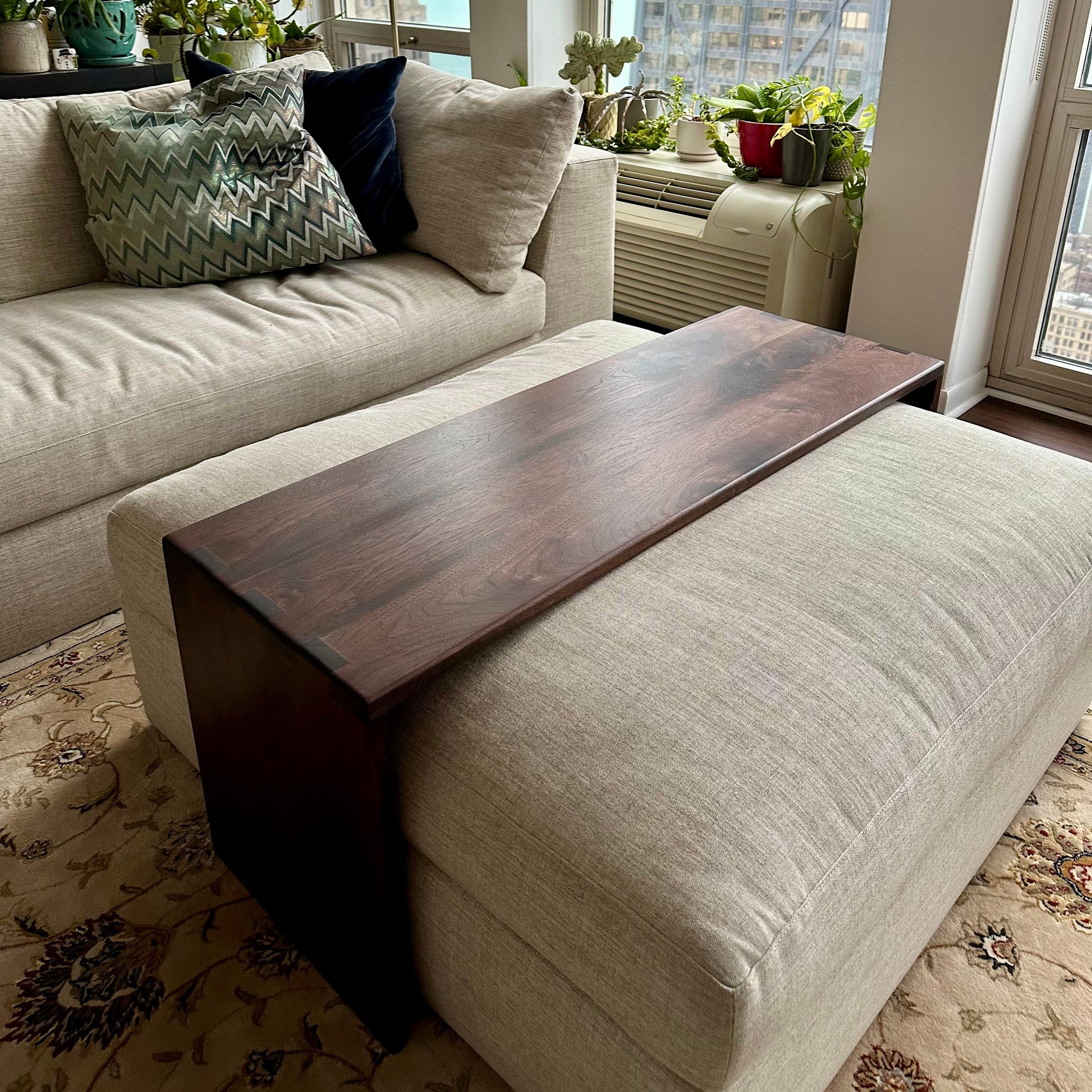 Custom handmade walnut table made to fit over a clients existing ottoman