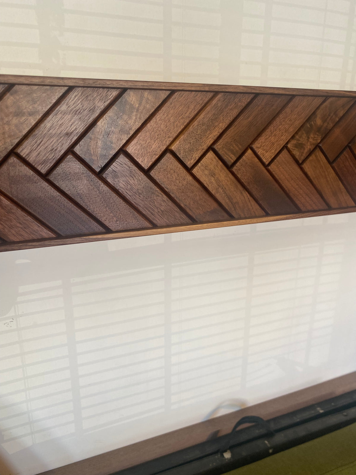 Modern Walnut Fireplace Mantel Shelf with Herringbone Pattern | Mid Century Modern Fireplace Mantle Shelf | Handmade Wood Mantel