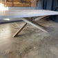 Whitewash Artisan Dining Table - Herringbone Design With Modern Metal Pedestal Base