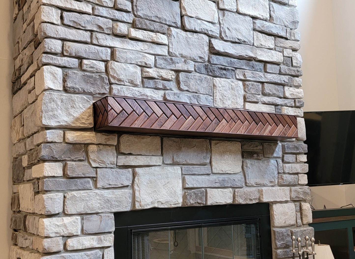 walnut fireplace mantle, walnut mantel, herringbone mantle, custom handmade fireplace mantle, herringbone floating shelf, unique fireplace mantle