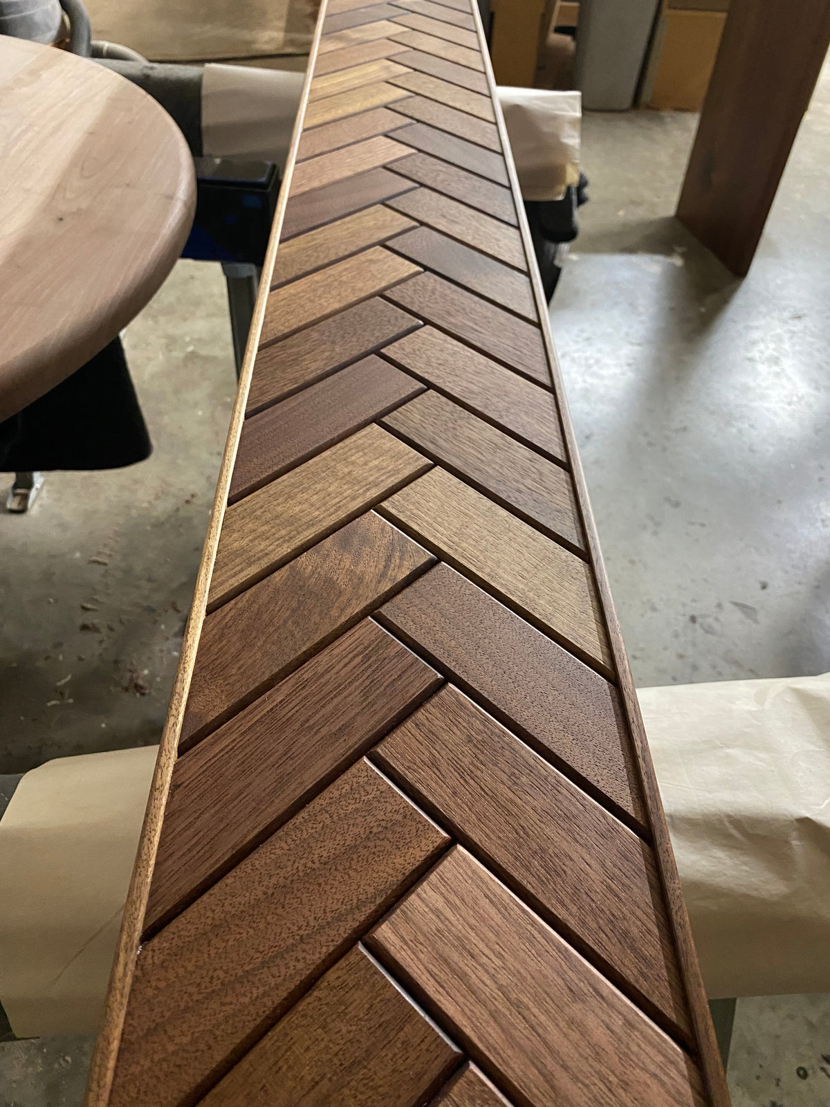 Modern Walnut Fireplace Mantel Shelf with Herringbone Pattern | Mid Century Modern Fireplace Mantle Shelf | Handmade Wood Mantel