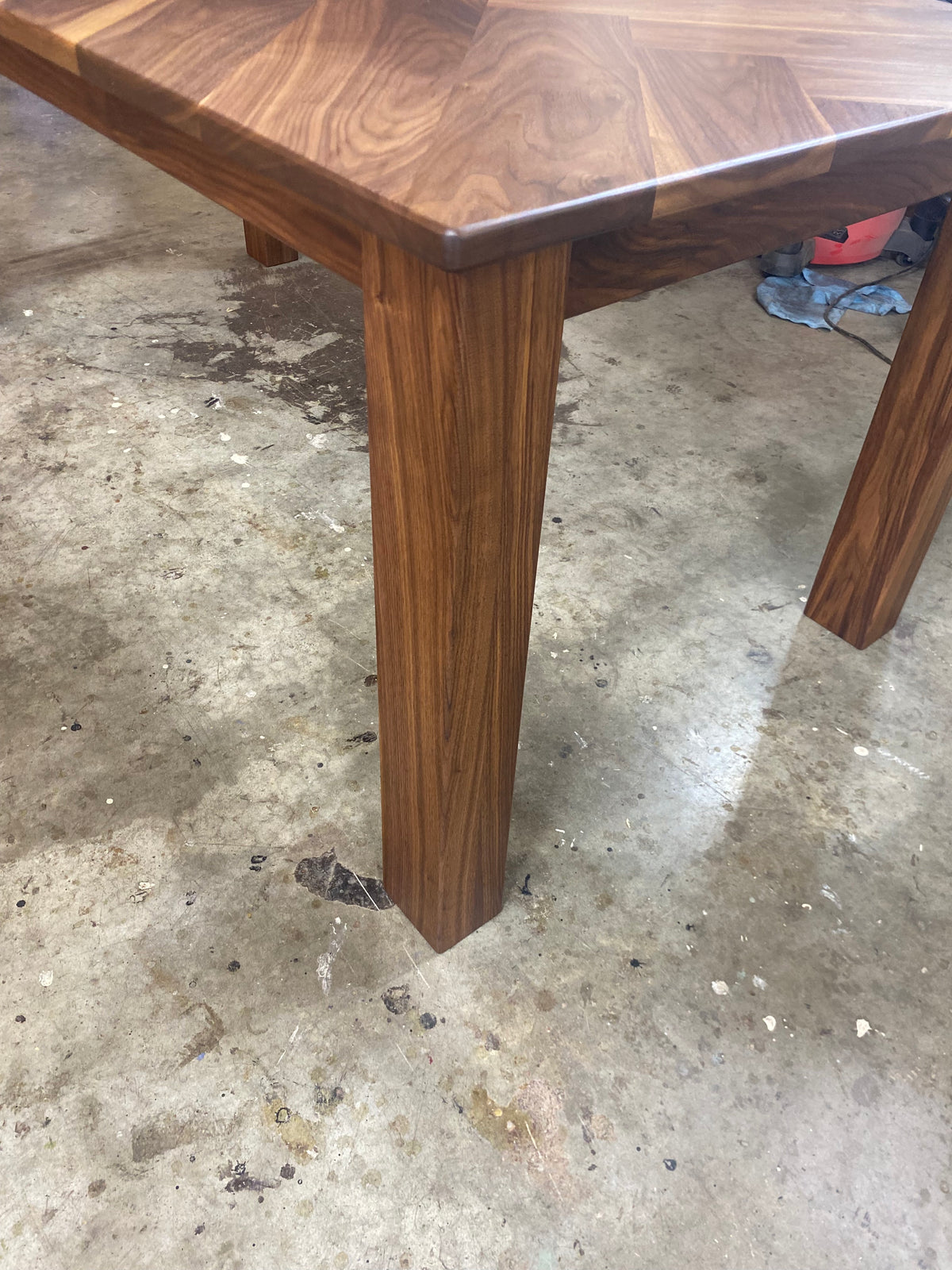 Walnut Herringbone Dining Room Table with Parsons Style Base