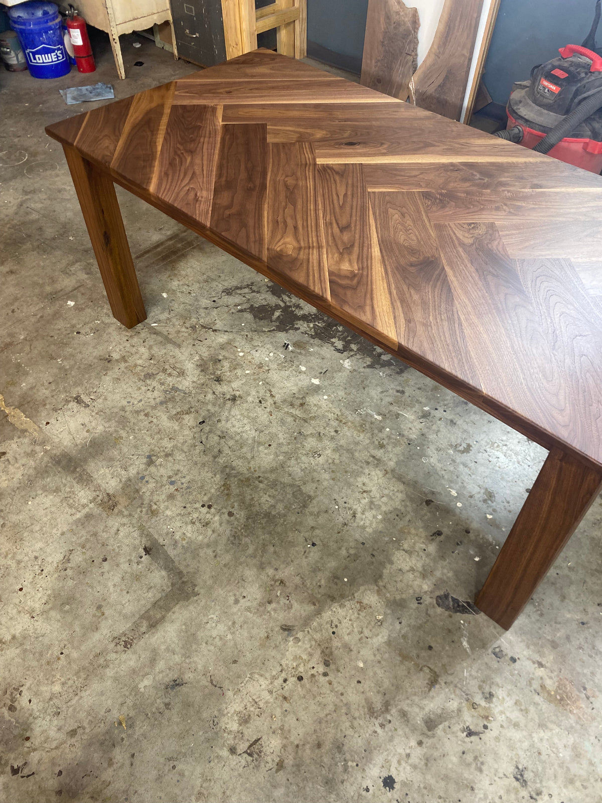 Walnut Herringbone Dining Room Table with Parsons Style Base