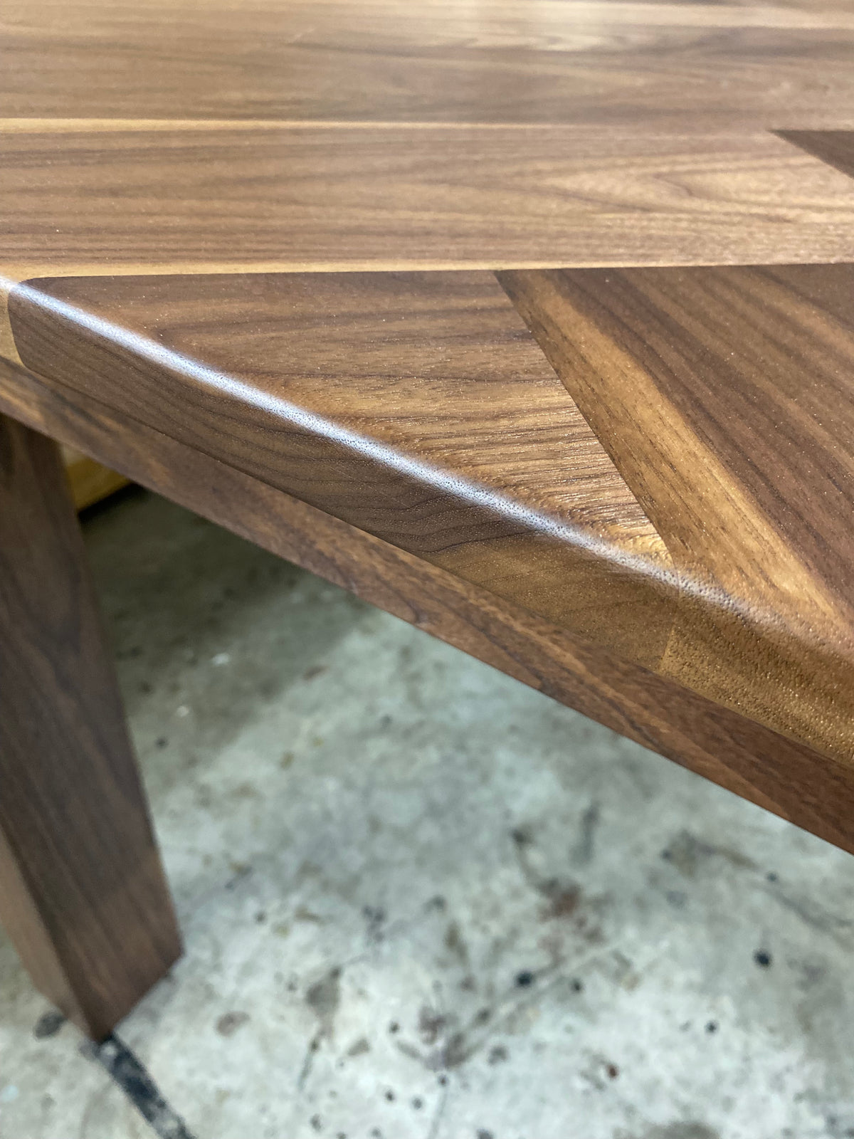 Walnut Herringbone Dining Room Table with Parsons Style Base