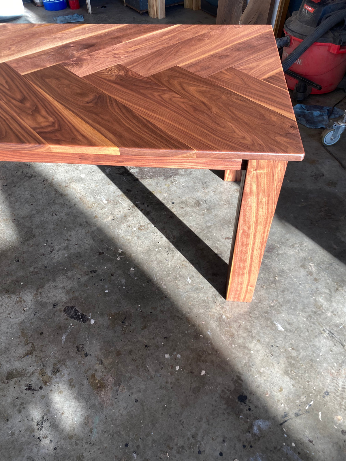 Walnut Herringbone Dining Room Table with Parsons Style Base