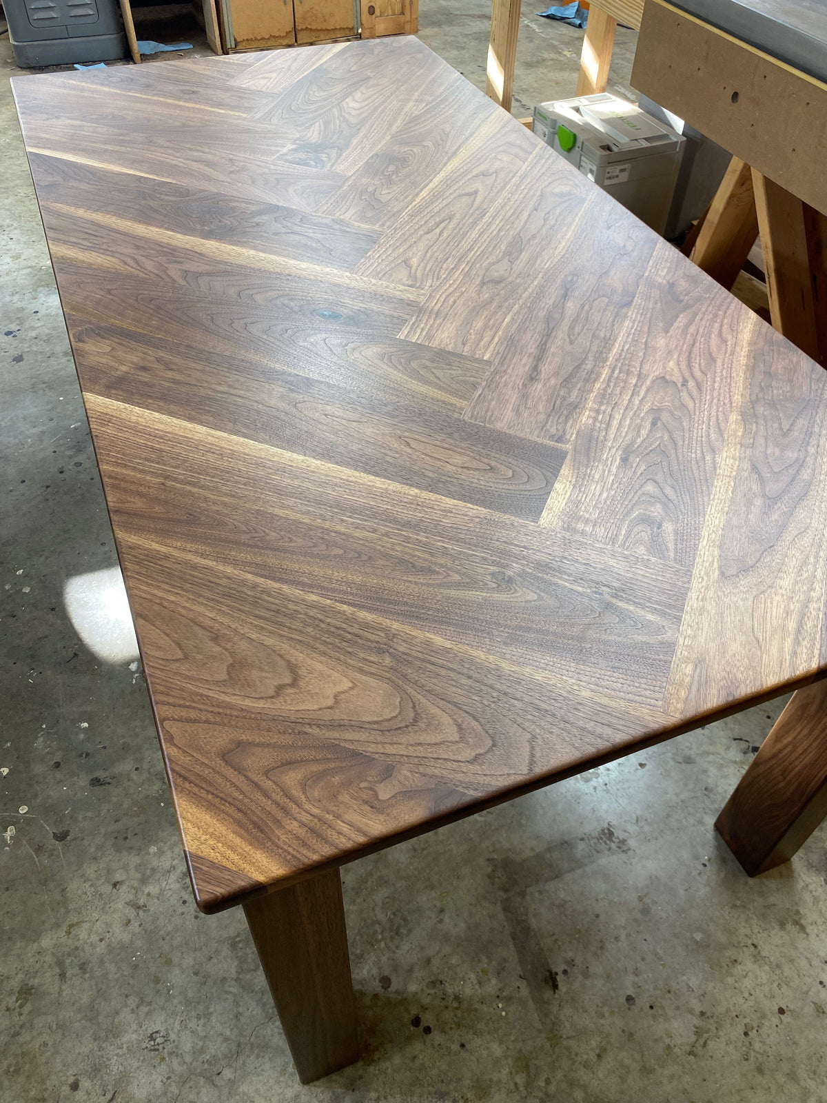 Walnut Herringbone Dining Room Table with Parsons Style Base