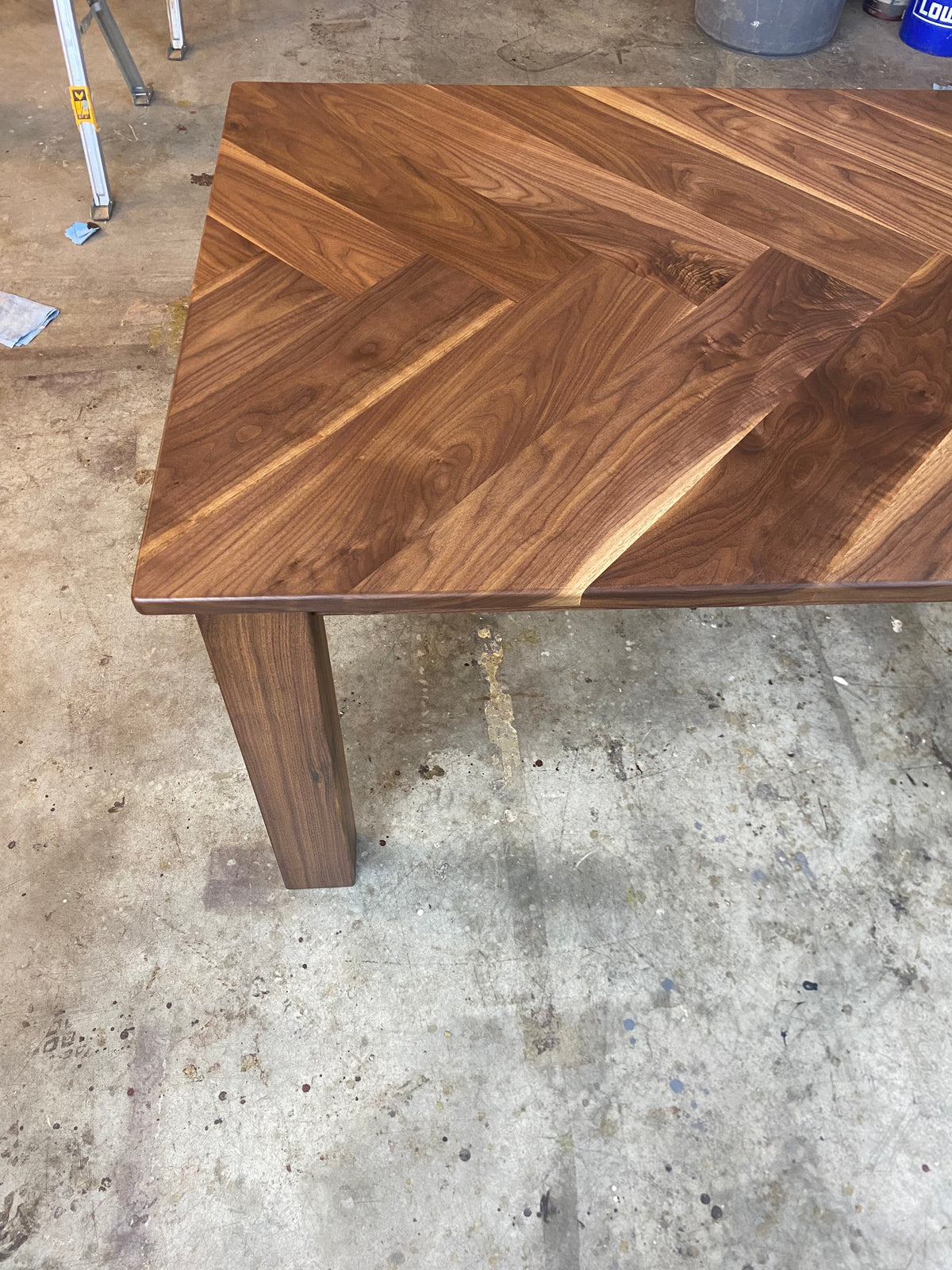Walnut Herringbone Dining Room Table with Parsons Style Base