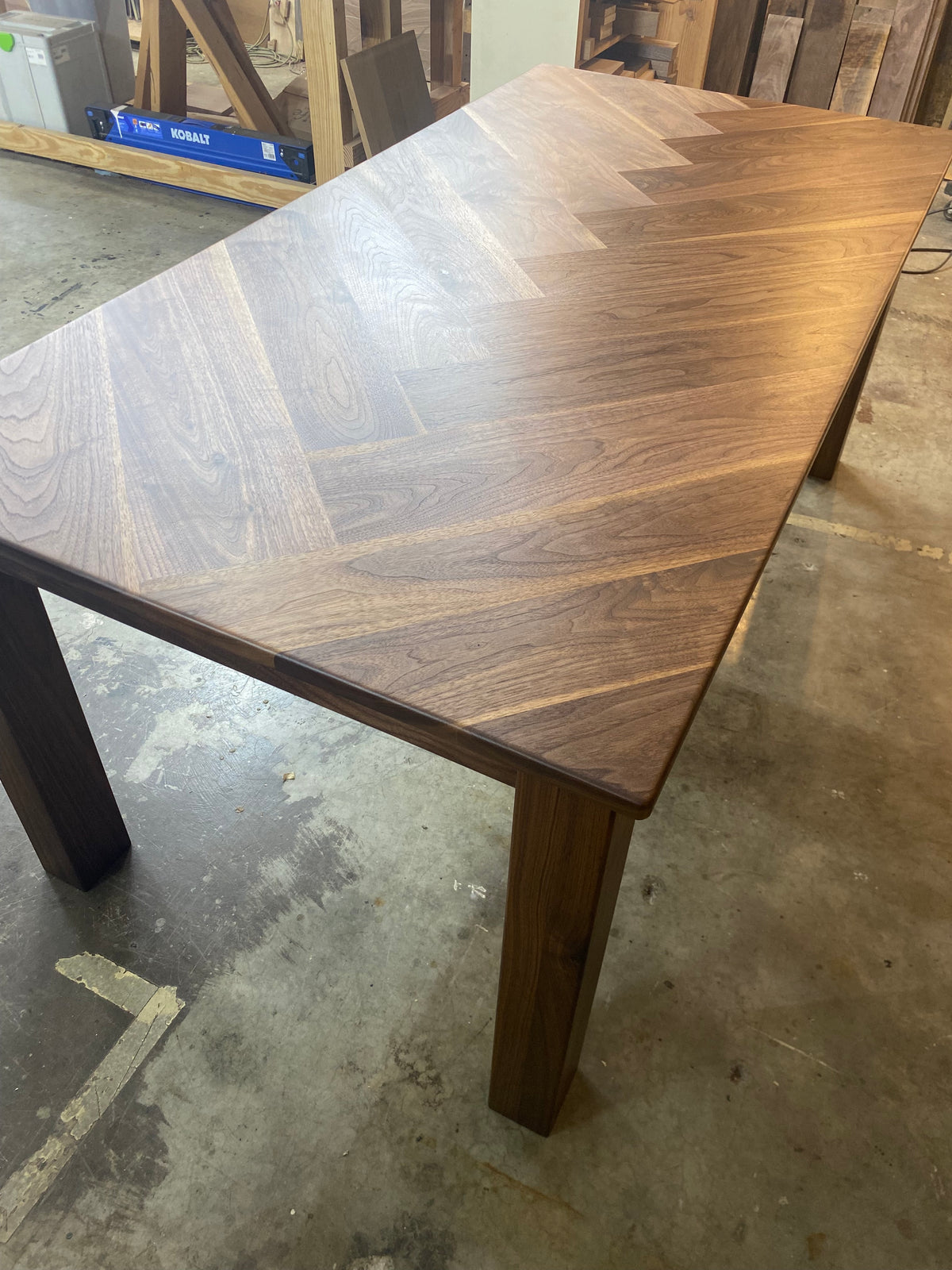 Walnut Herringbone Dining Room Table with Parsons Style Base