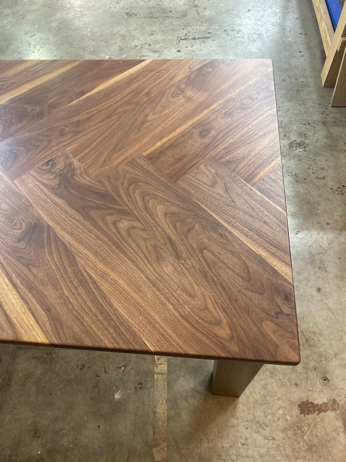 Walnut Herringbone Dining Room Table with Parsons Style Base