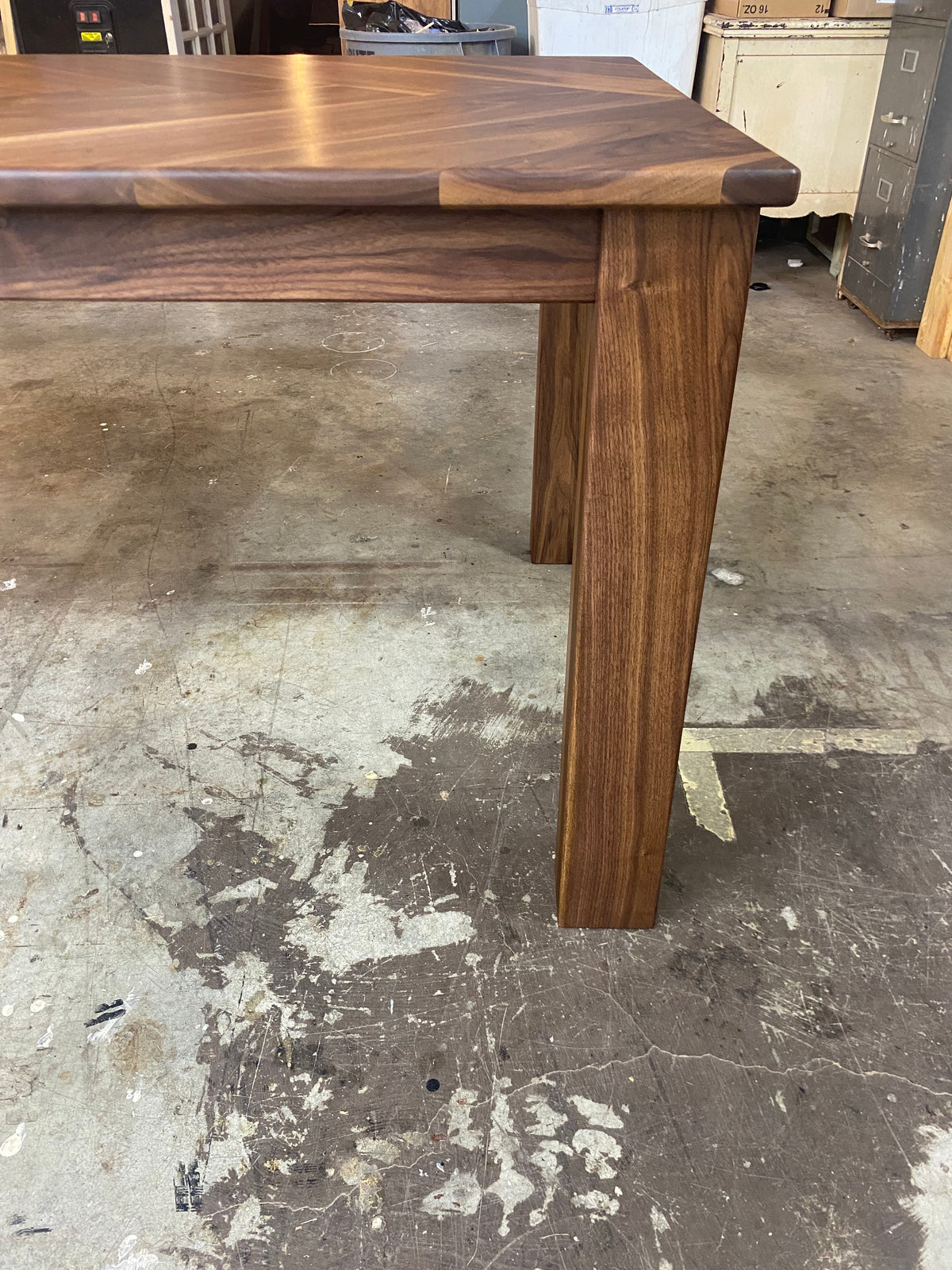 Walnut Herringbone Dining Room Table with Parsons Style Base