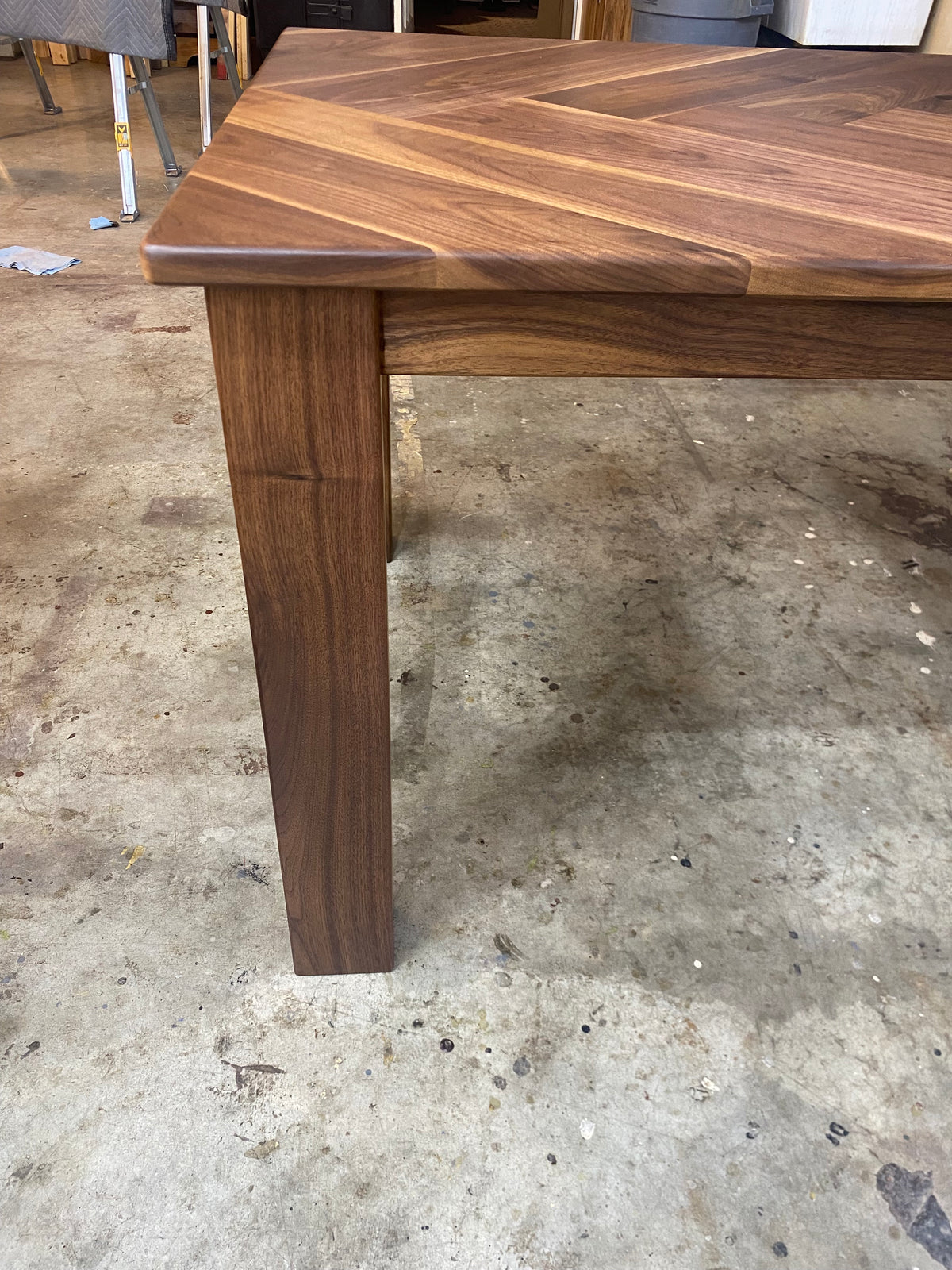 Walnut Herringbone Dining Room Table with Parsons Style Base