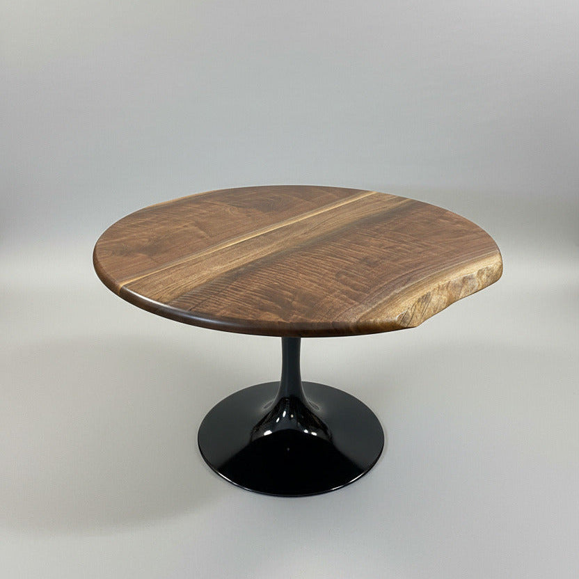 Round Walnut Dining Table with Live Edge Accent, handmade in columbus ohio, columbus ohio furniture, custom furniture, designer, luxury, natural edge, unique round dining table, one of a kind dining table using walnut slabs