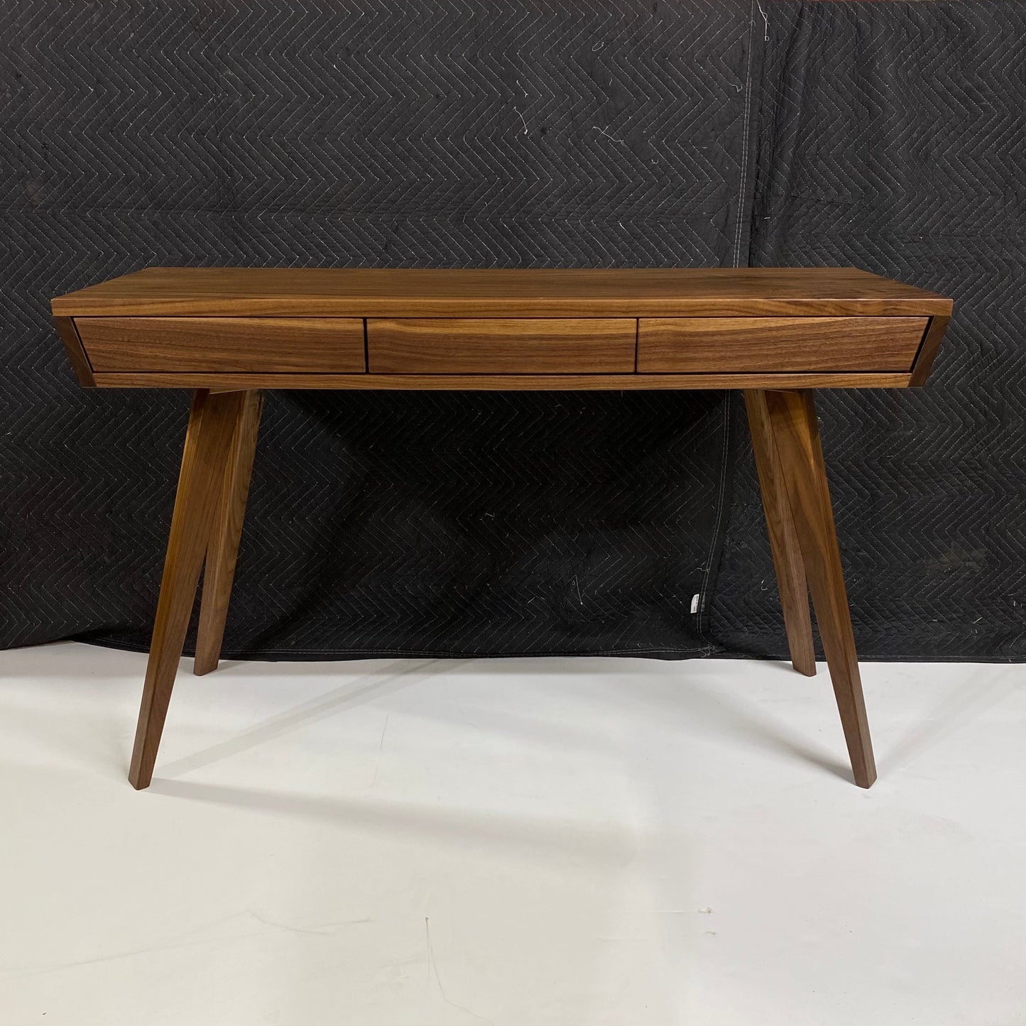 walnut desk, writing desk, mcm desk, mid century modern desk, handmade, columbus ohio, push to open drawers, tapered legs