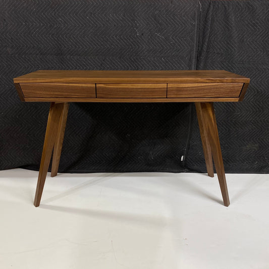 walnut desk, writing desk, mcm desk, mid century modern desk, handmade, columbus ohio, push to open drawers, tapered legs