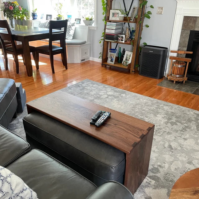 Beautiful walnut ottoman coffee table made to fit over clients leather ottoman. Handmade in Columbus Ohio