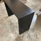 black oak console table with waterfall design, black wood table, entryway table, hall table, waterfall table, narrow table, 36 inch tall table, counter height table, jet black, true black, handmade in columbus ohio, made in america, made in usa, artist, artisan, craftsman, mitered, real wood, solid wood, hardwood, sofa table, accent table, living room furniture, living room table