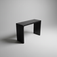 black oak console table with waterfall design, black wood table, entryway table, hall table, waterfall table, narrow table, 36 inch tall table, counter height table, jet black, true black, handmade in columbus ohio, made in america, made in usa, artist, artisan, craftsman, mitered, real wood, solid wood, hardwood, sofa table, accent table, living room furniture, living room table