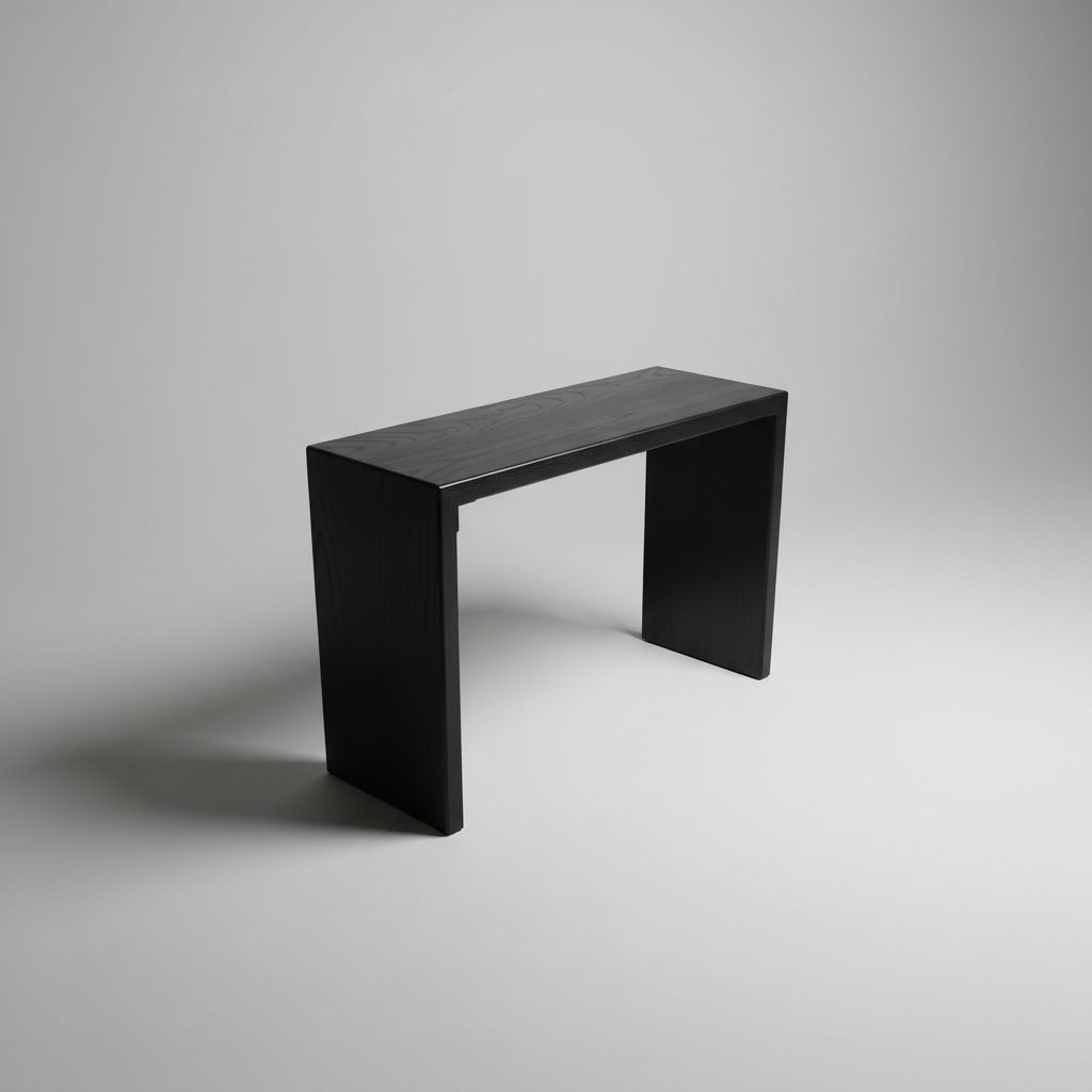 black oak console table with waterfall design, black wood table, entryway table, hall table, waterfall table, narrow table, 36 inch tall table, counter height table, jet black, true black, handmade in columbus ohio, made in america, made in usa, artist, artisan, craftsman, mitered, real wood, solid wood, hardwood, sofa table, accent table, living room furniture, living room table