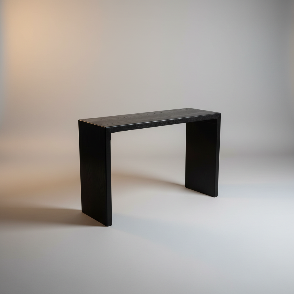 black hardwood console table sitting in the studio, hand made in america