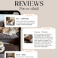 A graphic with the heading 'REVIEWS From our clients' on a beige background with subtle gold brushstroke accents. Below, three customer review cards are shown over a dark phone mockup with a walnut ottoman table.